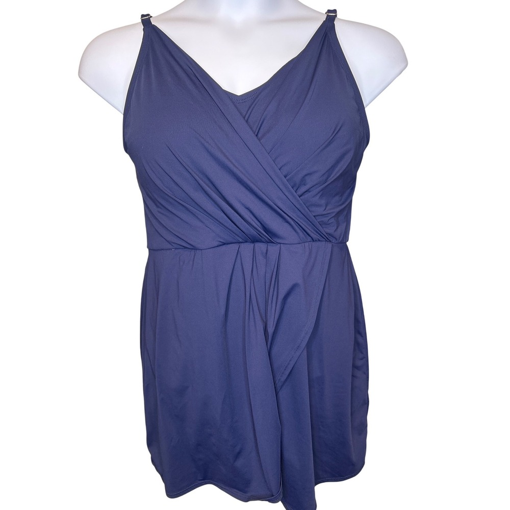Lands' End Womens Navy Blue One Piece Swim Dress Sz XXL Modest Surplice Slimming